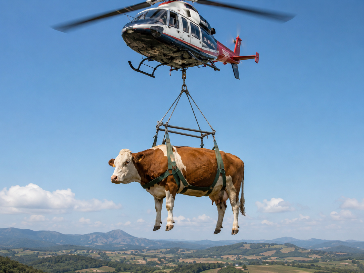 A cow being carefully transported by air over farmland