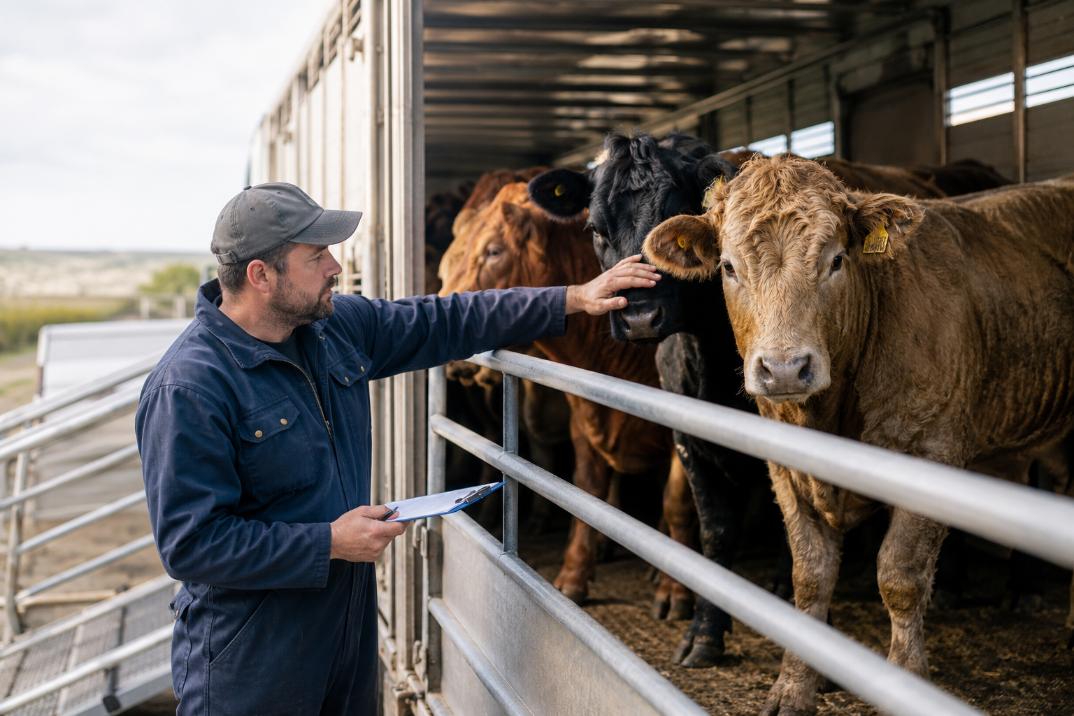 A livestock handler checking cattle inside a transport trailer