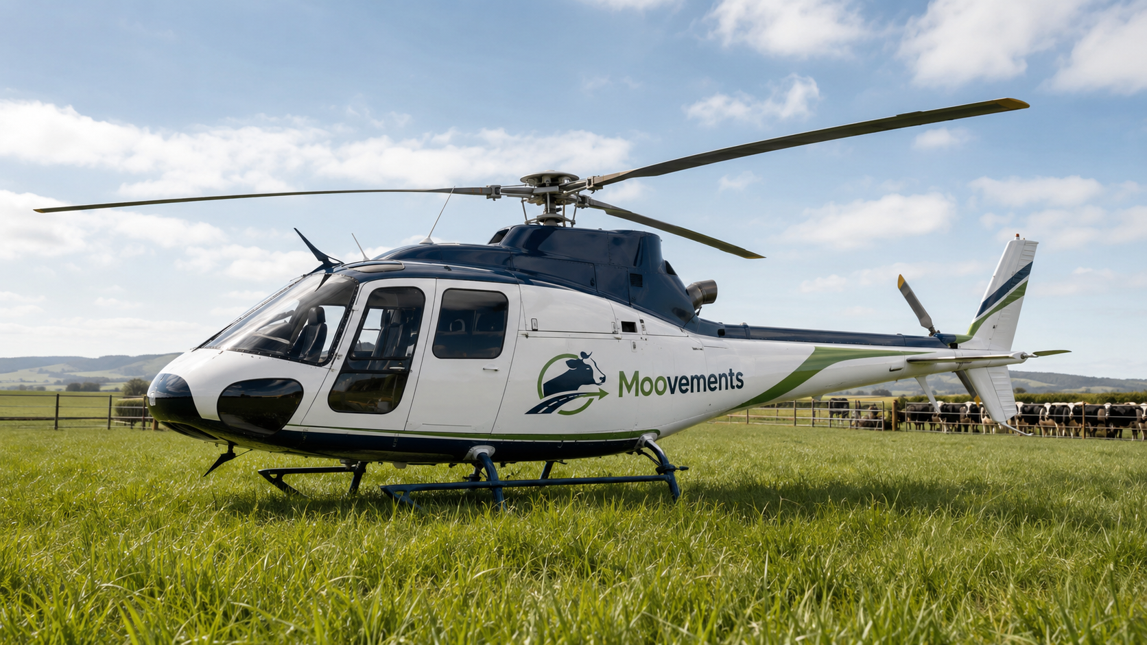 A Moovements branded helicopter in a field beside cattle