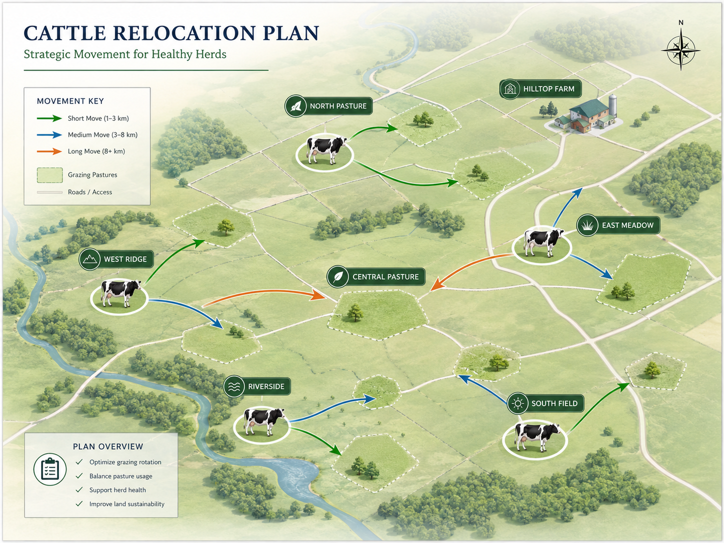 A cattle relocation plan showing mapped movement routes across farmland